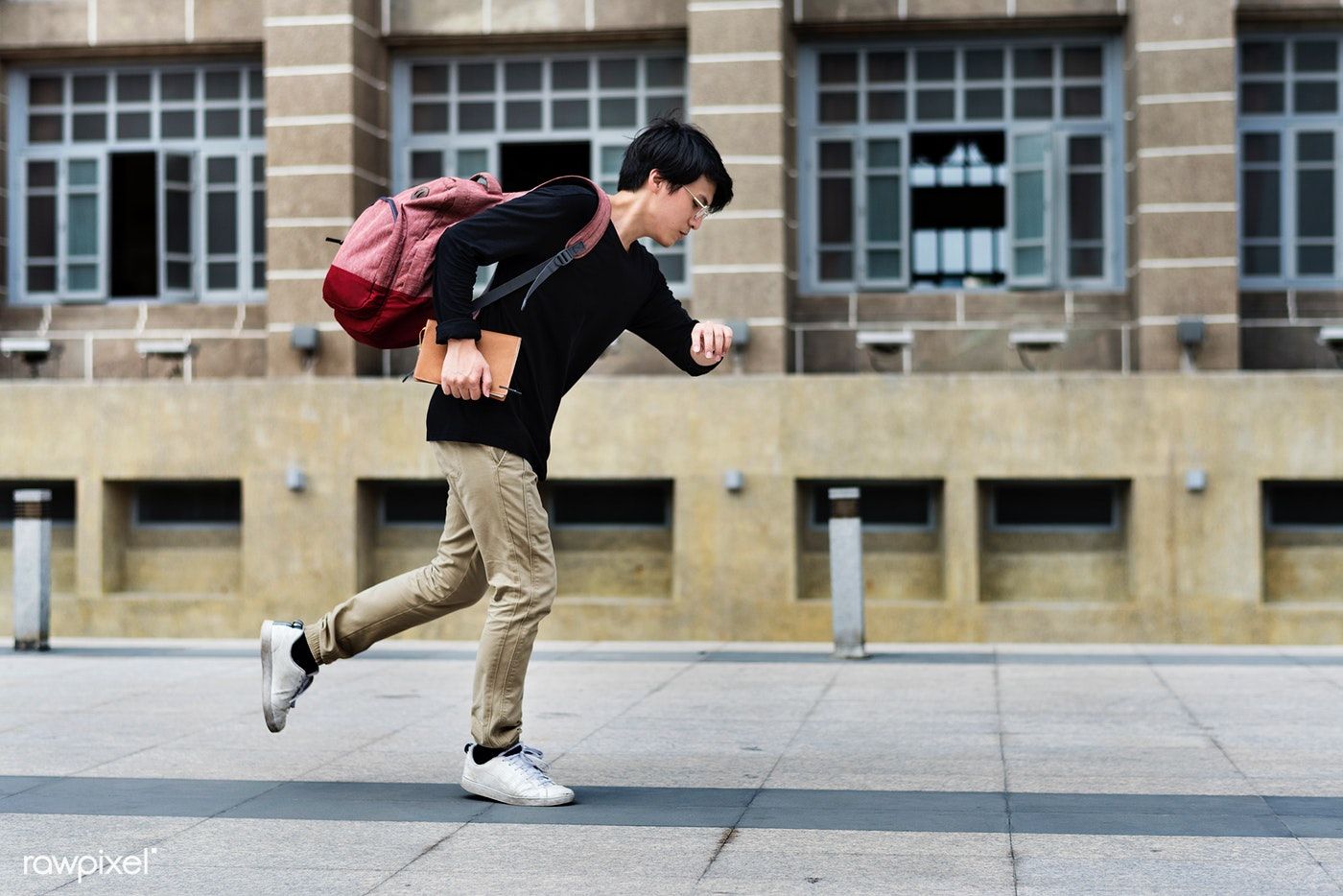 Child, running, late, school, checking time,