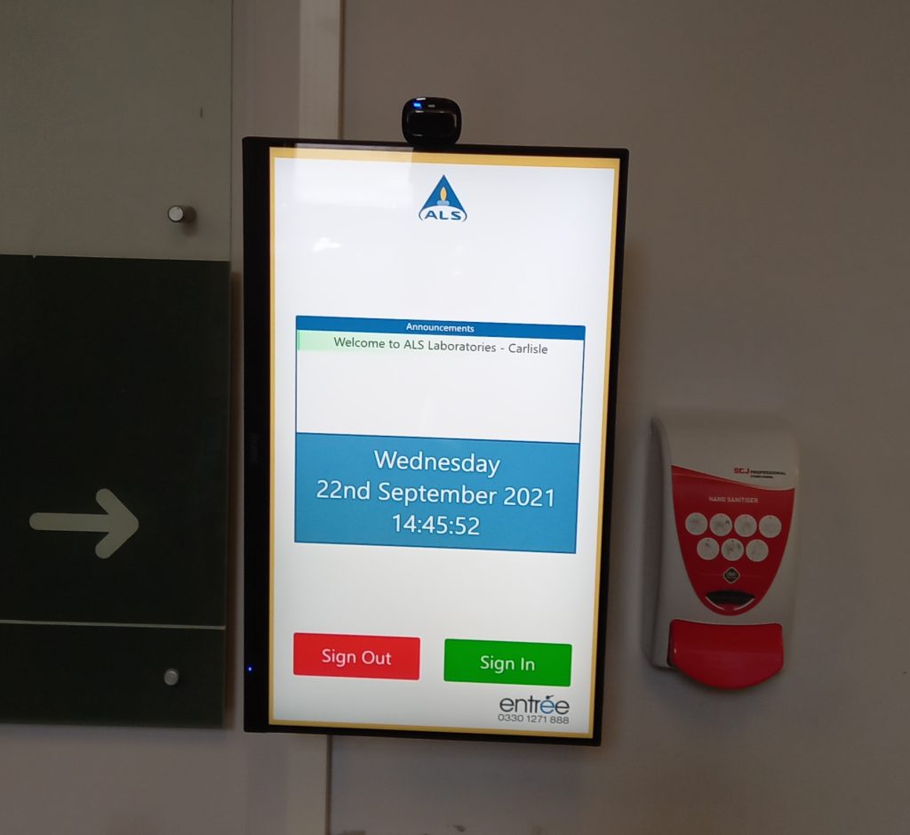 An modern, sleek visitor management install at ALS Laboratories in Carlisle.